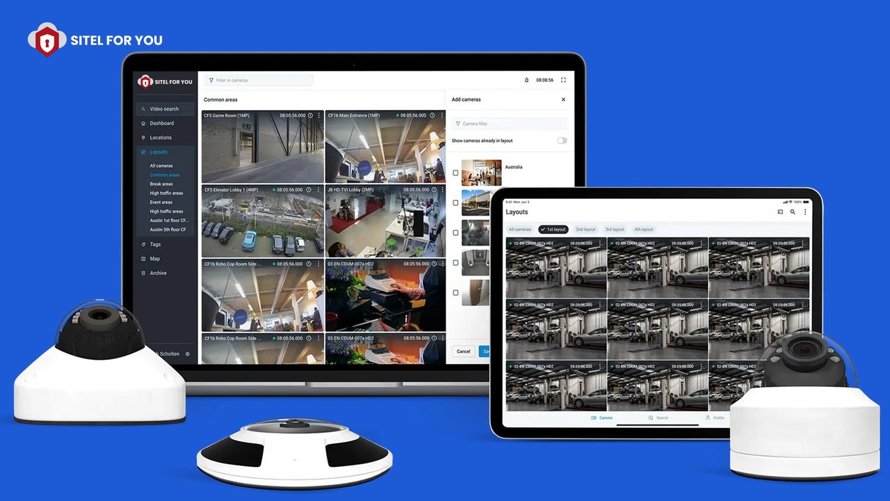 Portal SITEL FOR YOU con mosaicos de cámaras en laptop y tableta